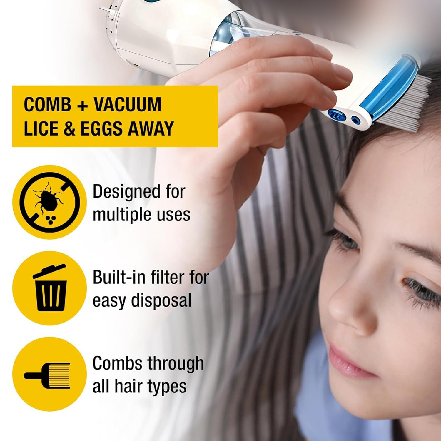 A woman is Removing Lices From Her Daughter's Hair Using V-COMB Electric Head Lice Remover.