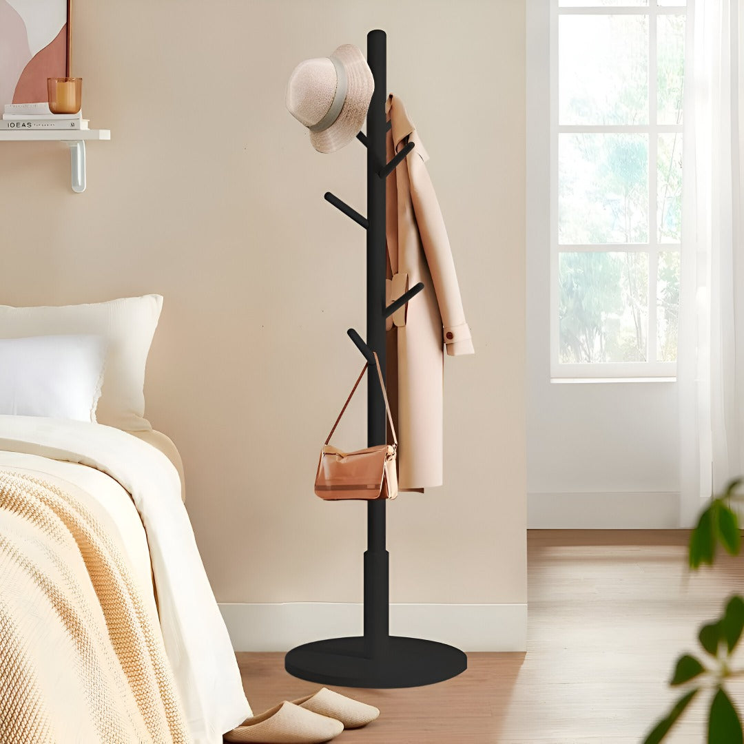 Wooden Coat Rack Stand with Coat, Hat and Bag Are Hanged On it.