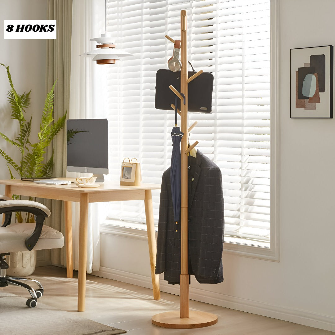 Wooden Coat Rack Stand with Coat, Hat and Bag Are Hanged On it.