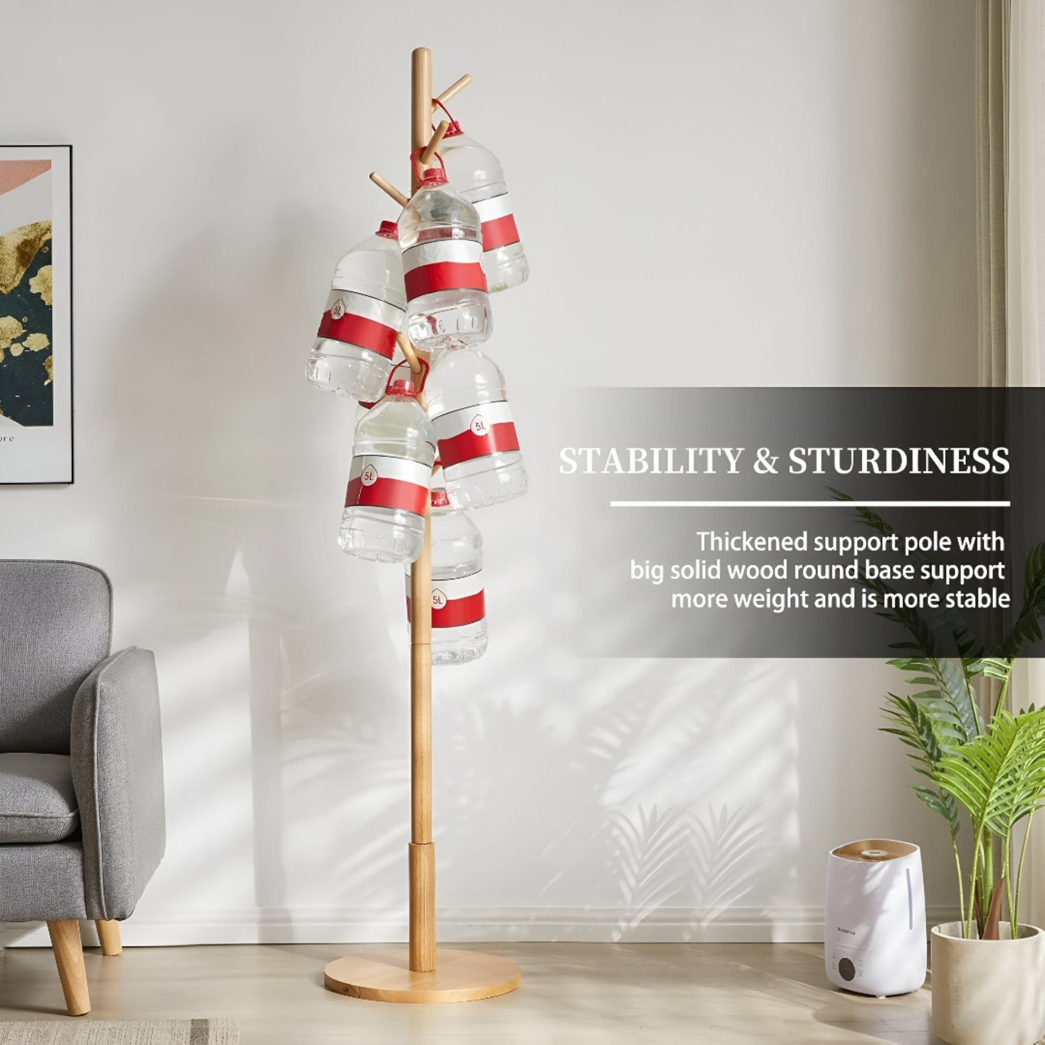 Wooden Coat Rack Stand with Water Bottles Are Hanged On it.
