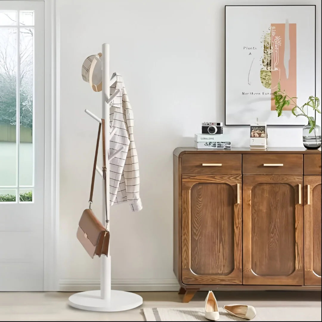 Wooden Coat Rack Stand with Coat, Hat and Bag Are Hanged On it.