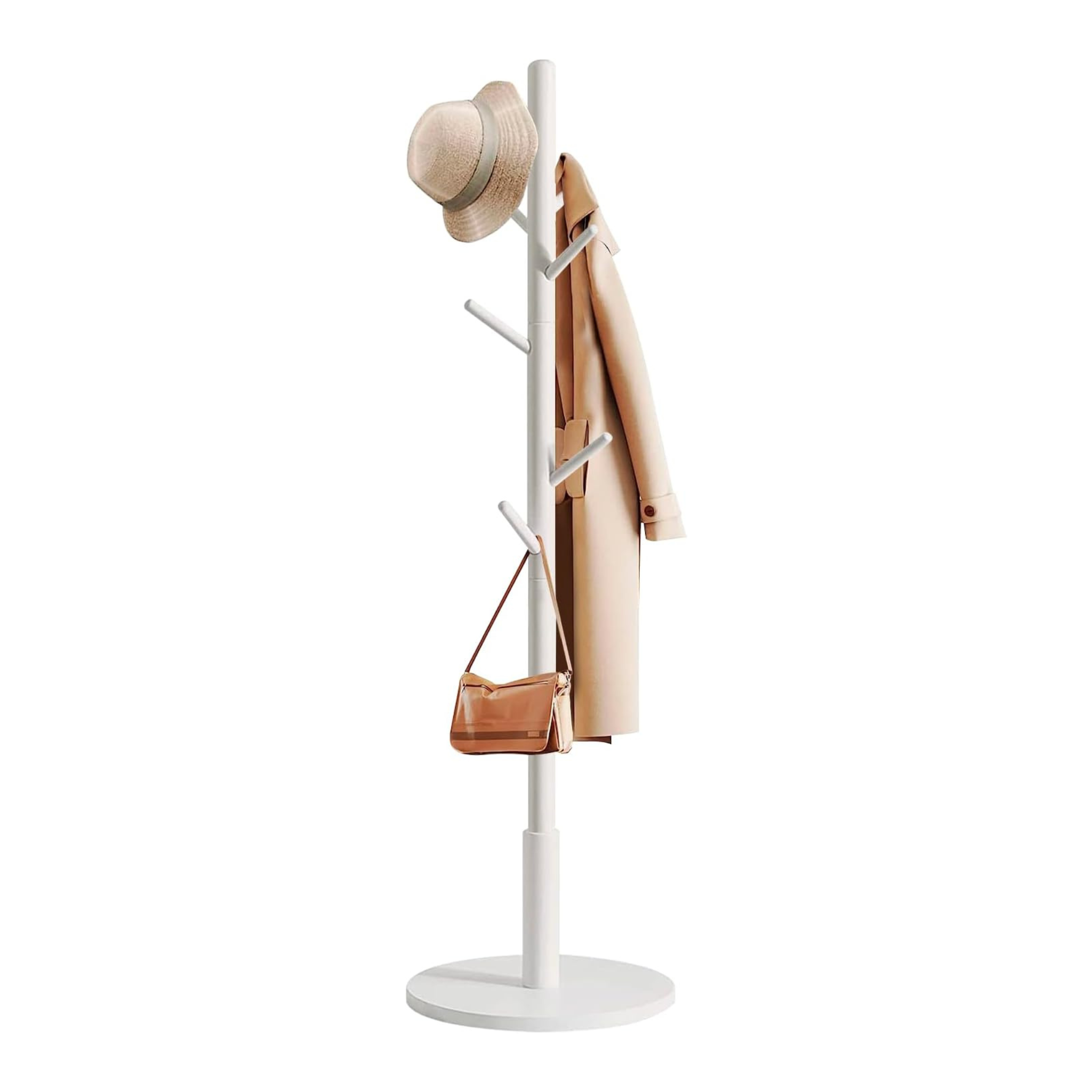 Wooden Coat Rack Stand with Coat, Hat and Bag Are Hanged On it.
