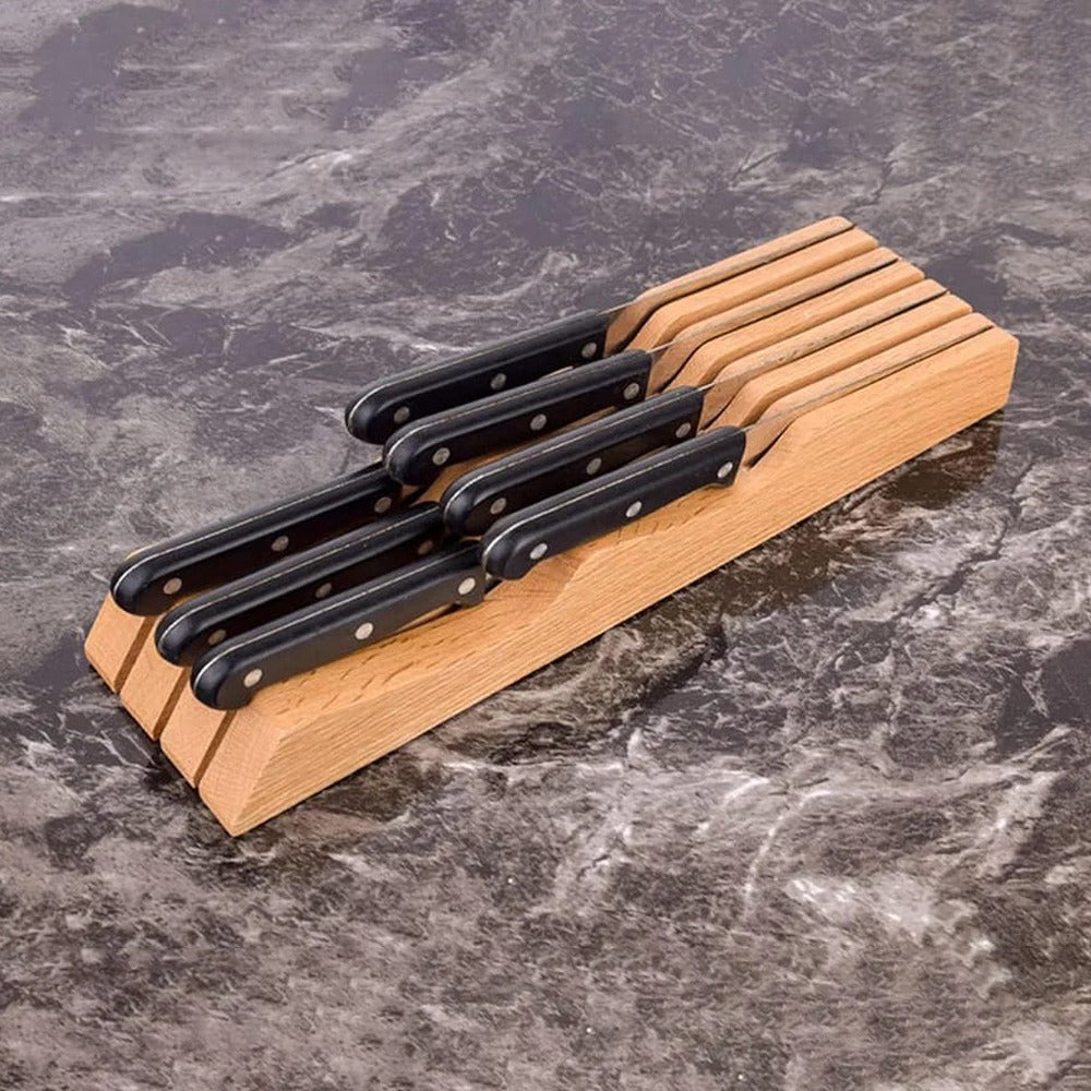 Knives Are Arranged in a Wooden Knife Holder.
