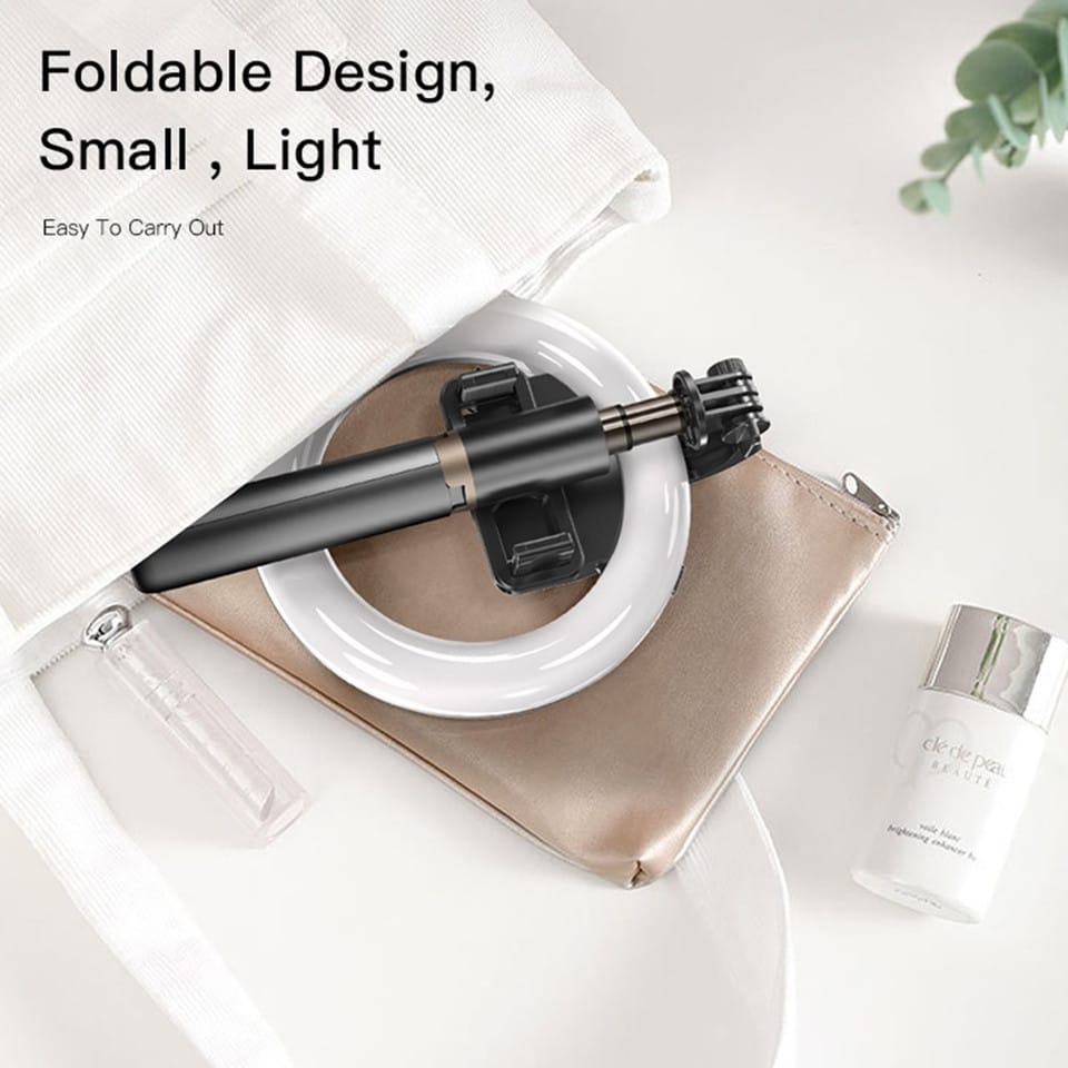 YESIDO Selfie Stick With Wireless Ring Light Tripod is Folded and Placed in a Bag.