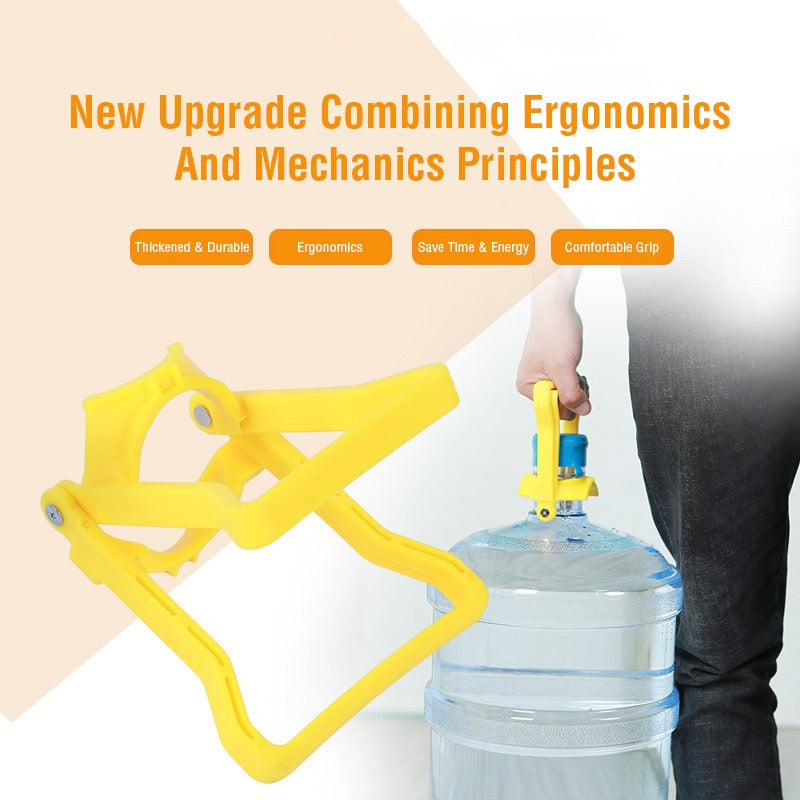 The image shows a person lifting a water bottle with help of Water Can Bottle Lifter along with the product details