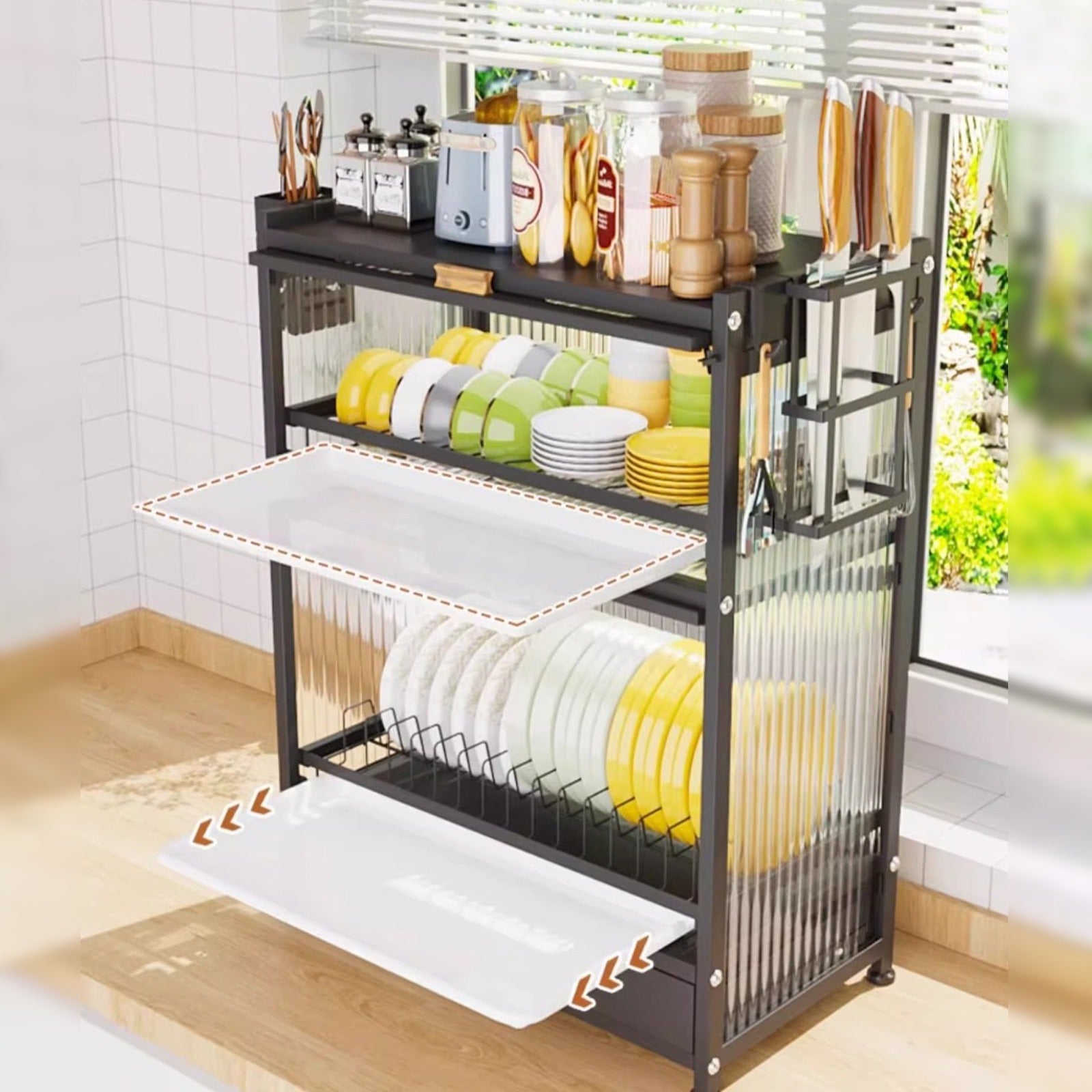 Kitchen Storage Rack Cabinet - Countertop Cutlery and Dish Organizer with Drawer for Utensils, and Cookware