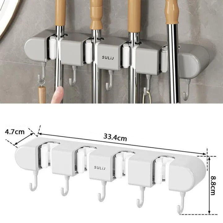 Wall-Mounted Mop Holder & Broom Hanger - with Hooks for Bathroom and Kitchen Organization