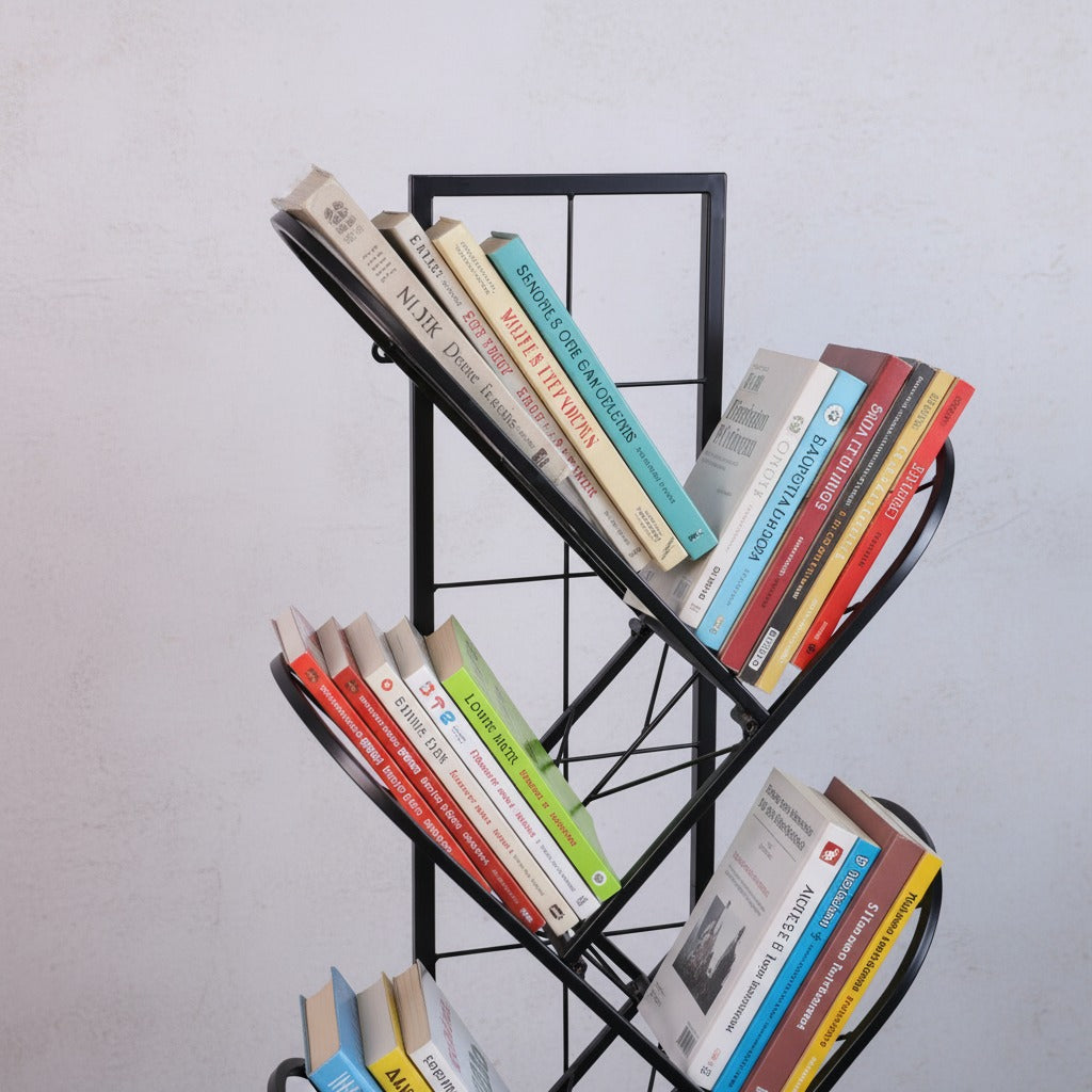 Black bookshelf with books of various colors on a light gray background