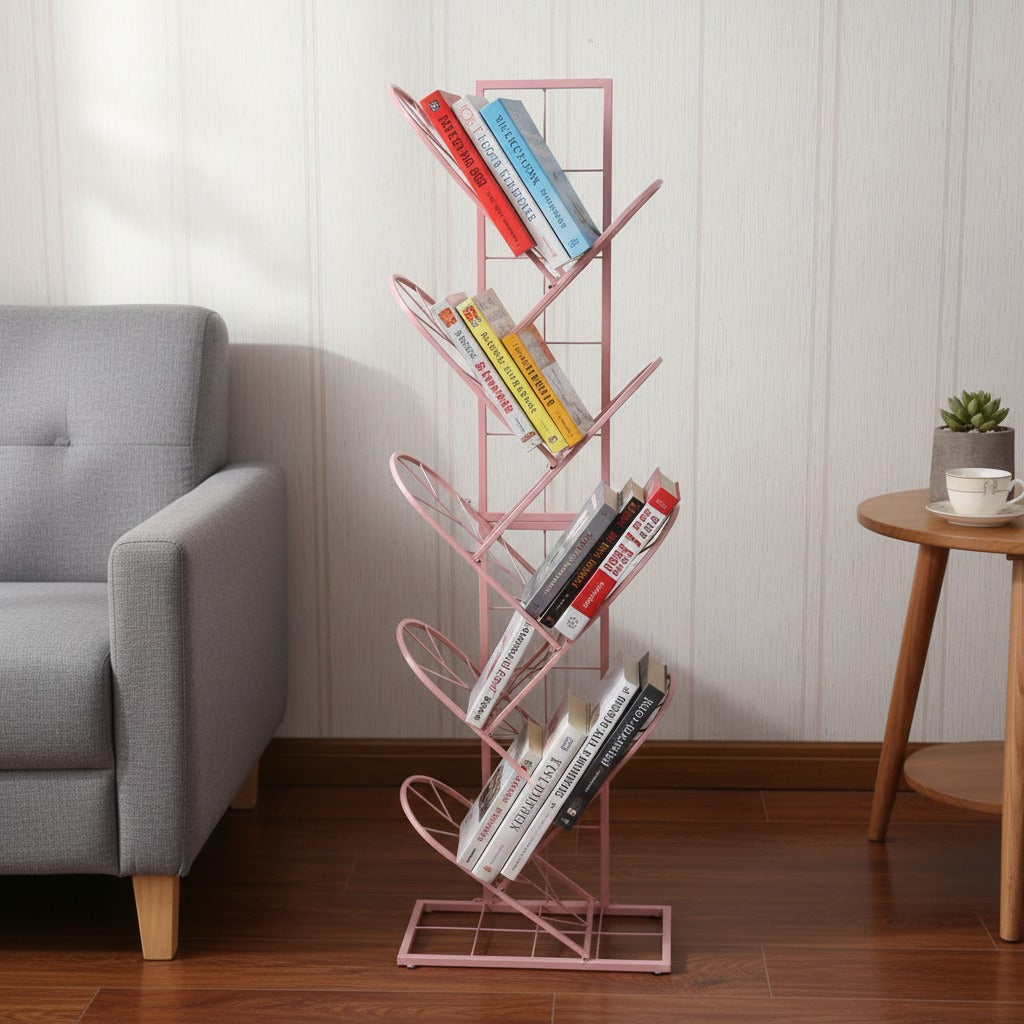 Pink bookshelf with books in a living room setting