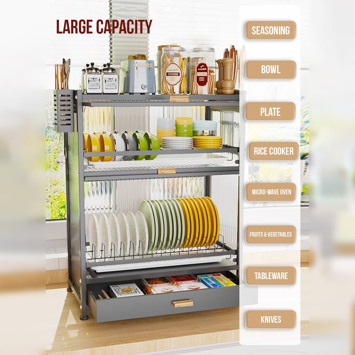 Kitchen Storage Rack Cabinet - Countertop Cutlery and Dish Organizer with Drawer for Utensils, and Cookware