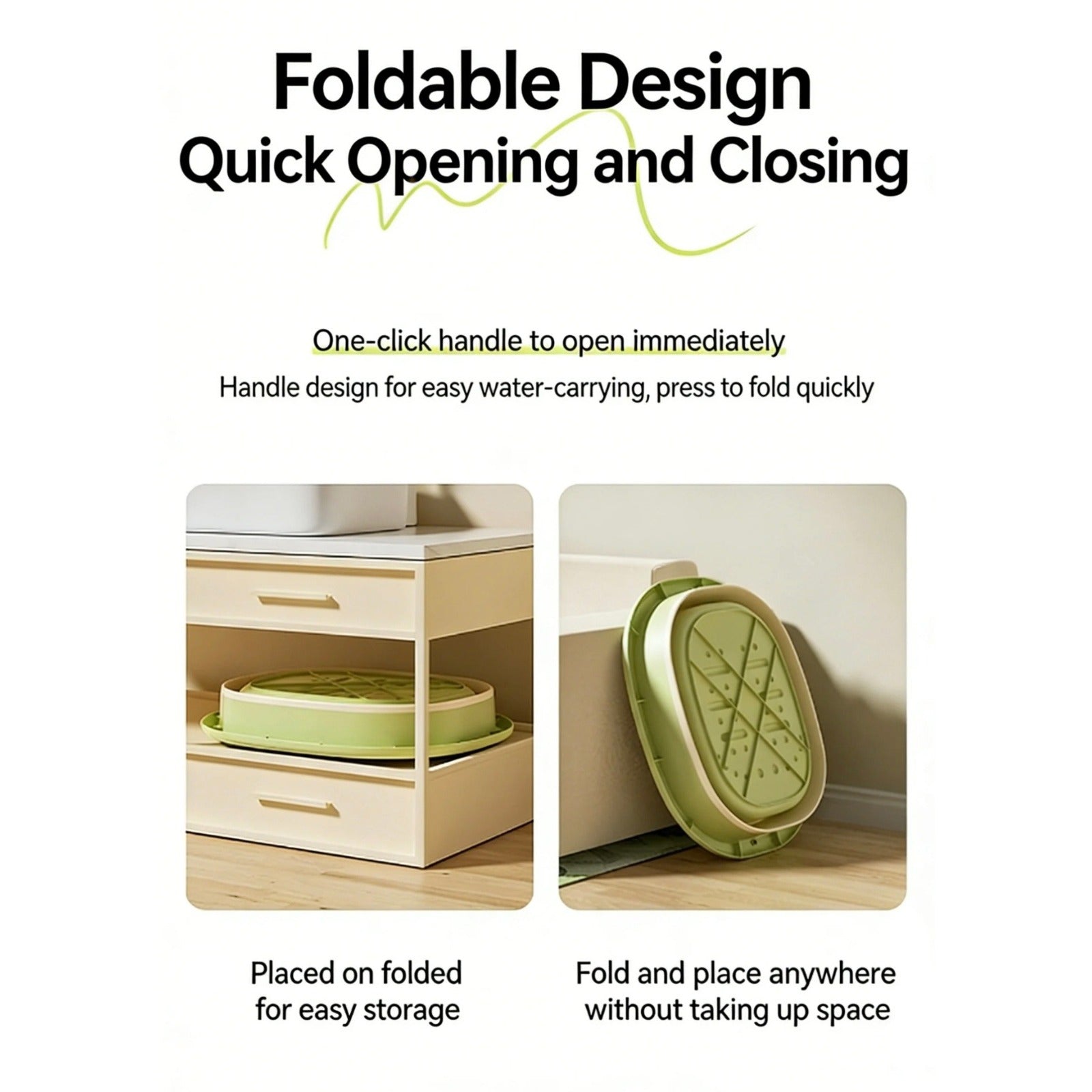 Green collapsible foot spa basin shown in a foldable design, stored flat inside a cabinet and standing upright beside a bed, highlighting quick opening and space-saving storage