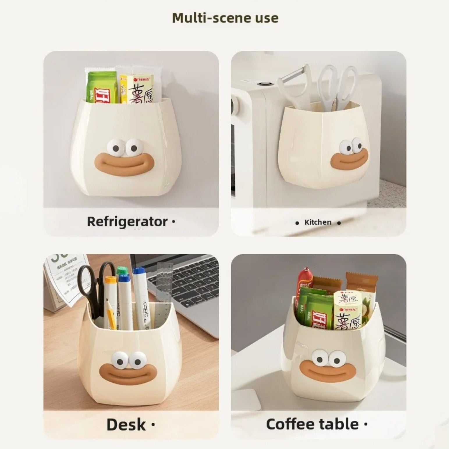 Multi-uses of cute cartoon-style desk organizers with smiling faces.