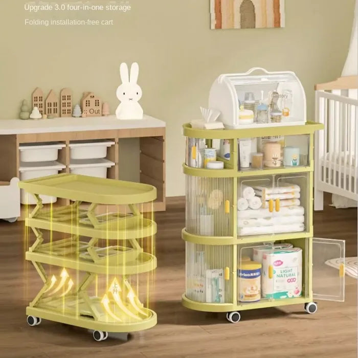 Free Installation Multi-Layer Folding Trolley Storage Rack placed on the floor in front of the wall