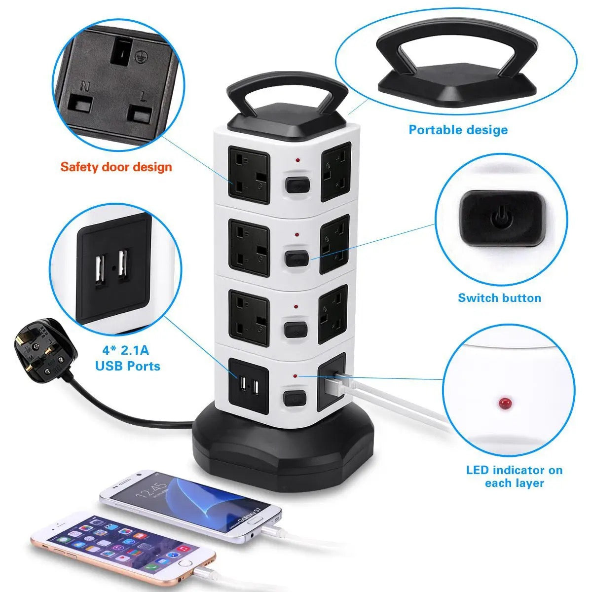 Vertical Socket Power Strip Surge Protector Extension with USB Ports