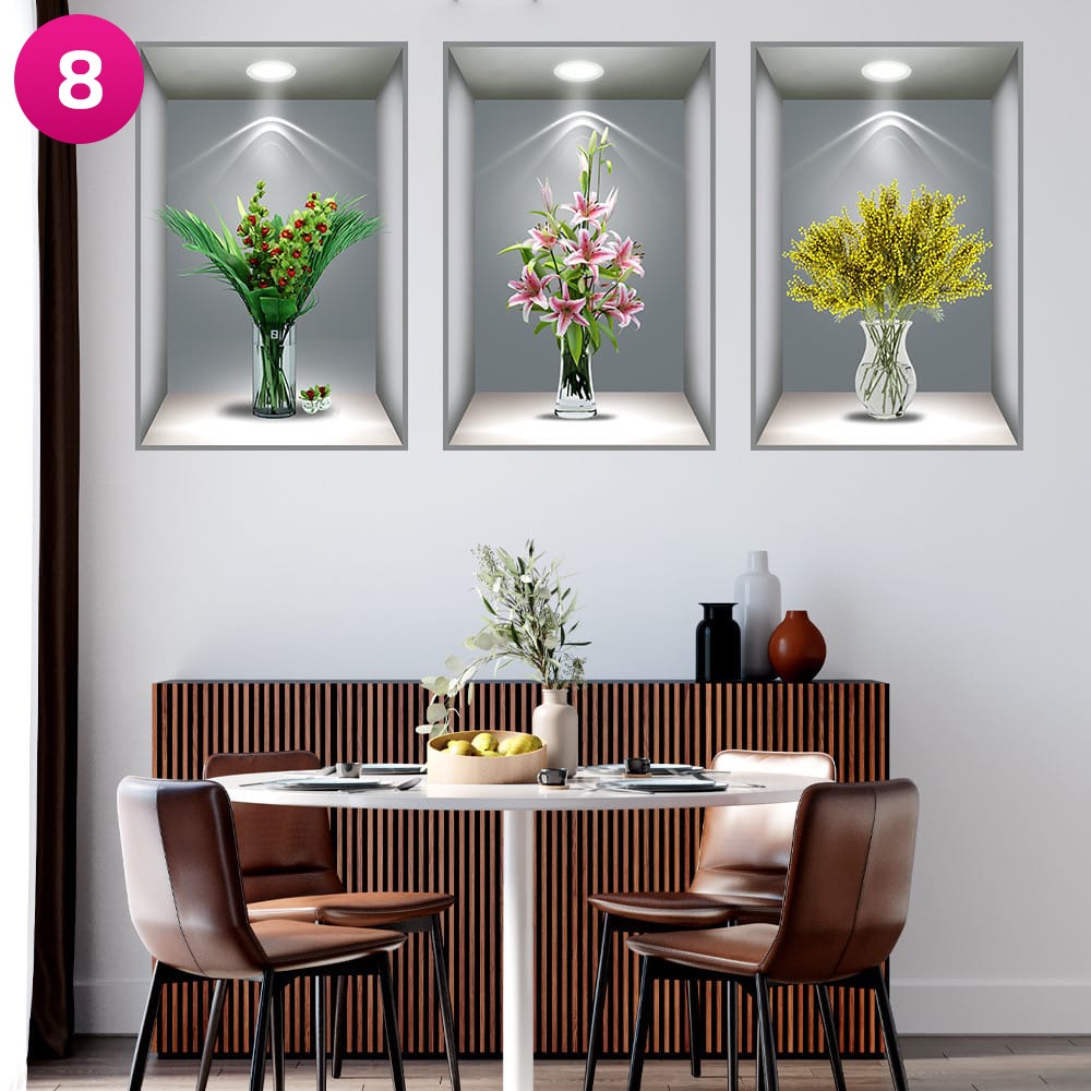3D Effect Potted Triptych Posters, Decorative Wall Plant Stickers