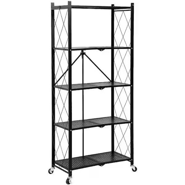 Multi Tier Foldable Storage Rack with Movable Wheel in black color