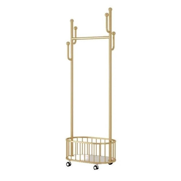 A Classic Minimalist Modern Metal Clothing Stand Wardrobe Garment Storage Rack with wheels in golden color