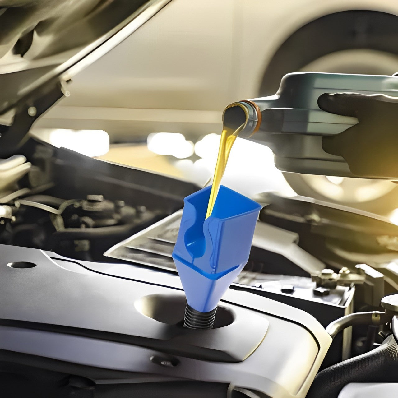 A Person Fills Fuel Using Portable Fuel Funnel.