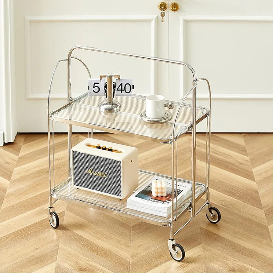 Folding 2-tier serving trolley with a chrome finish, glass shelves, and rolling wheels