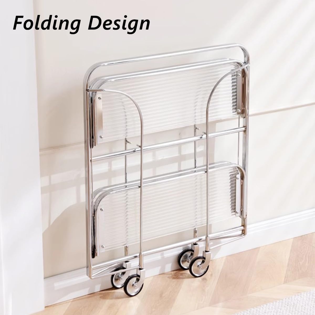 folding 2-tier serving trolley with a chrome finish, glass shelves, and rolling wheels.
