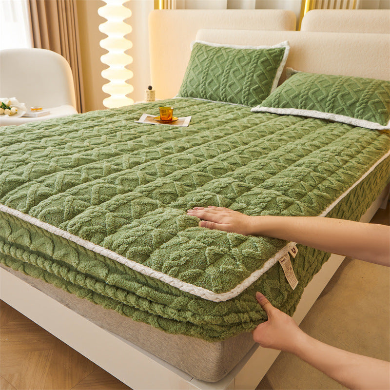 lady touching Cozy Coral Fleece Fitted Bed Sheets