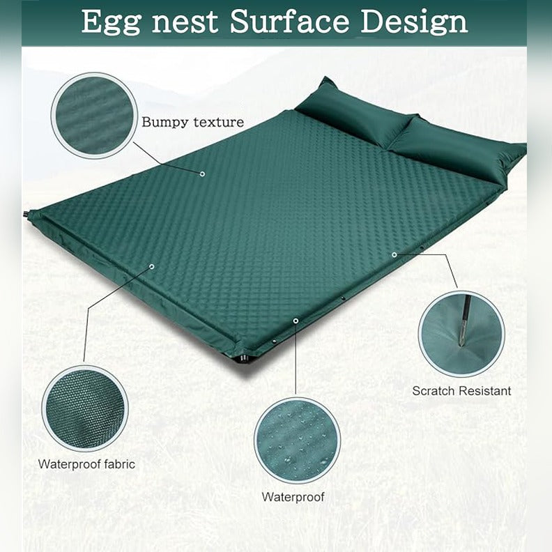 Desogn details of self-inflating camping mattress with built-in pillow.