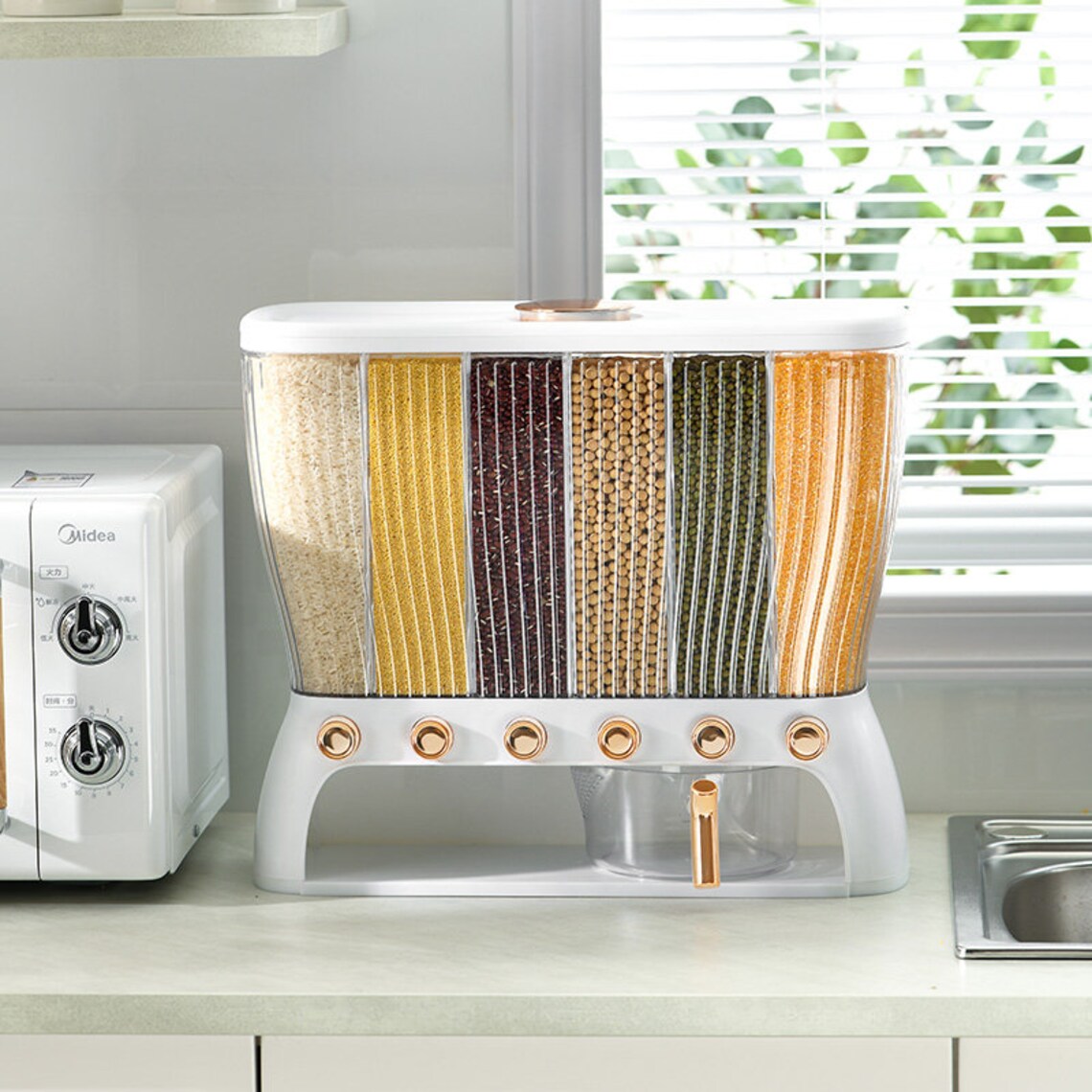 6 Grids ~12 Kg Rice Bucket Grain Organizer placed in the kitchen