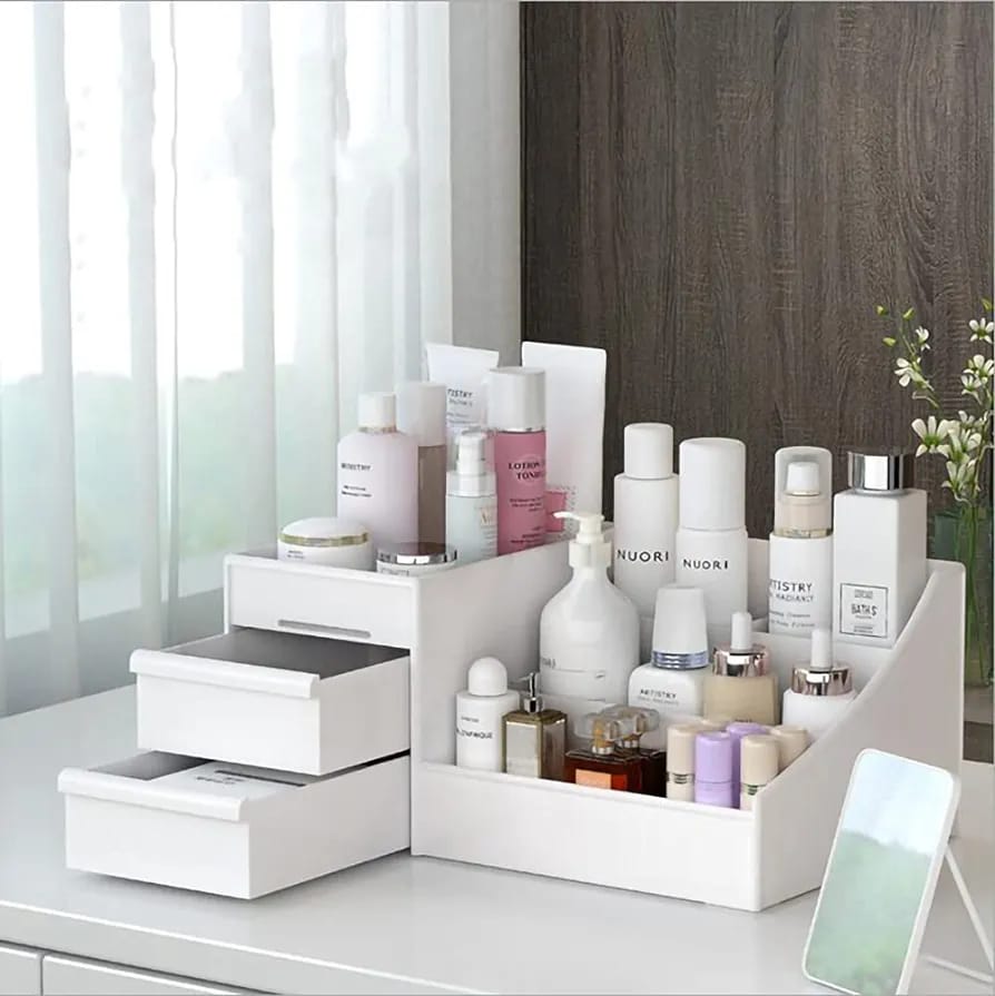 Makeup Desk Organizer with Organized Cosmetics.