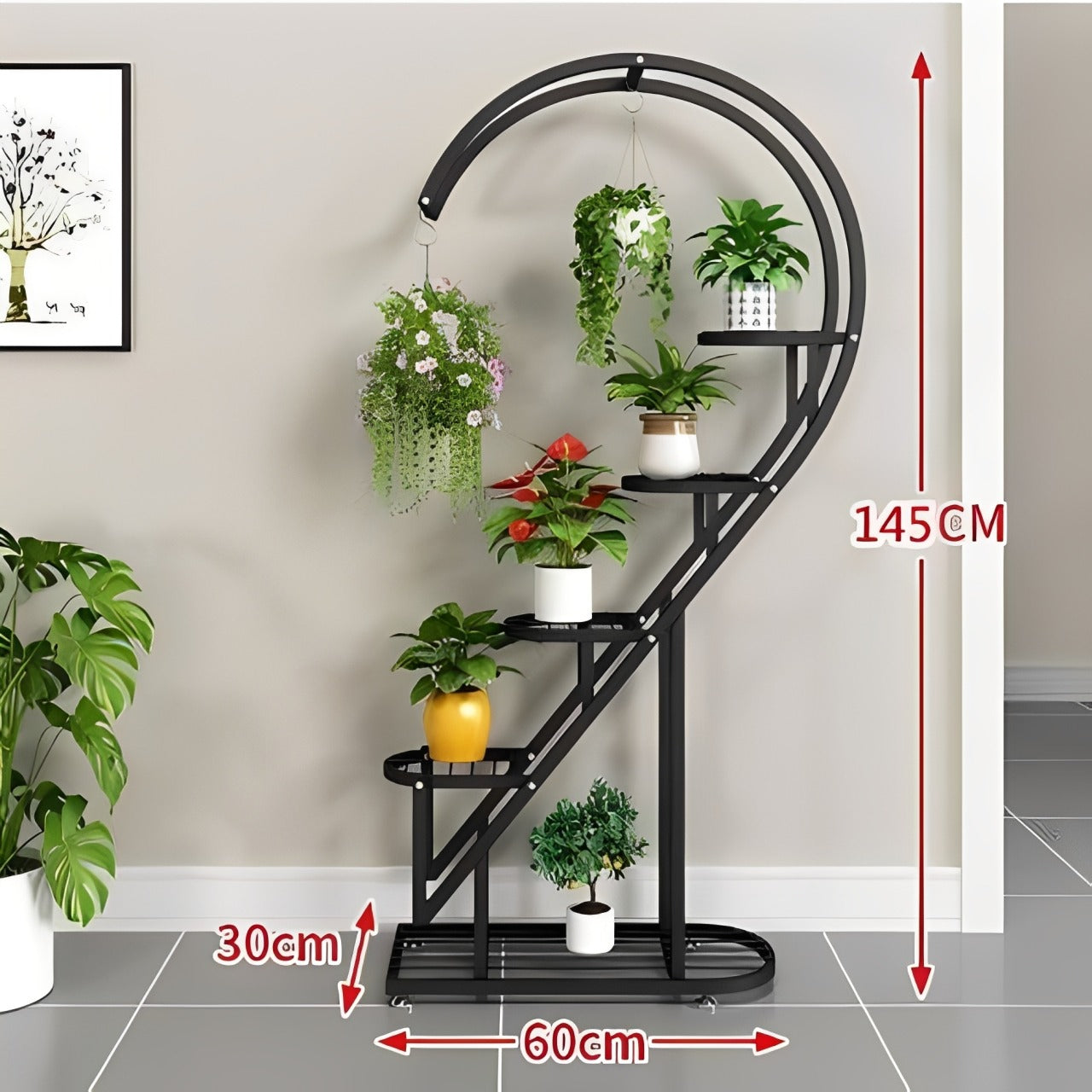 Size Details of multi-tier plant stand with curved spiral design, featuring multiple shelves and hanging hooks displaying indoor potted plants and hanging planters.