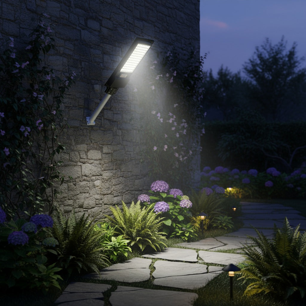 olar LED Street Light illuminating a garden path and stone wall at dusk.