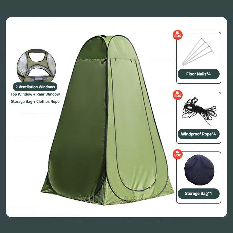 A Green pop-up privacy tent for outdoor camping, designed for changing clothes, showering, or toilet use in the forest or beach areas.