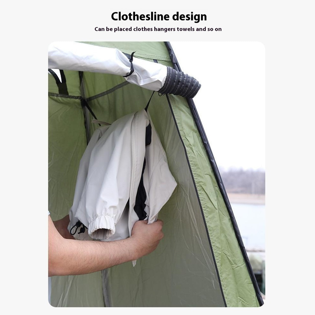 A Person is Hanging Clothes Inside the Hanger of pop-up privacy tent.