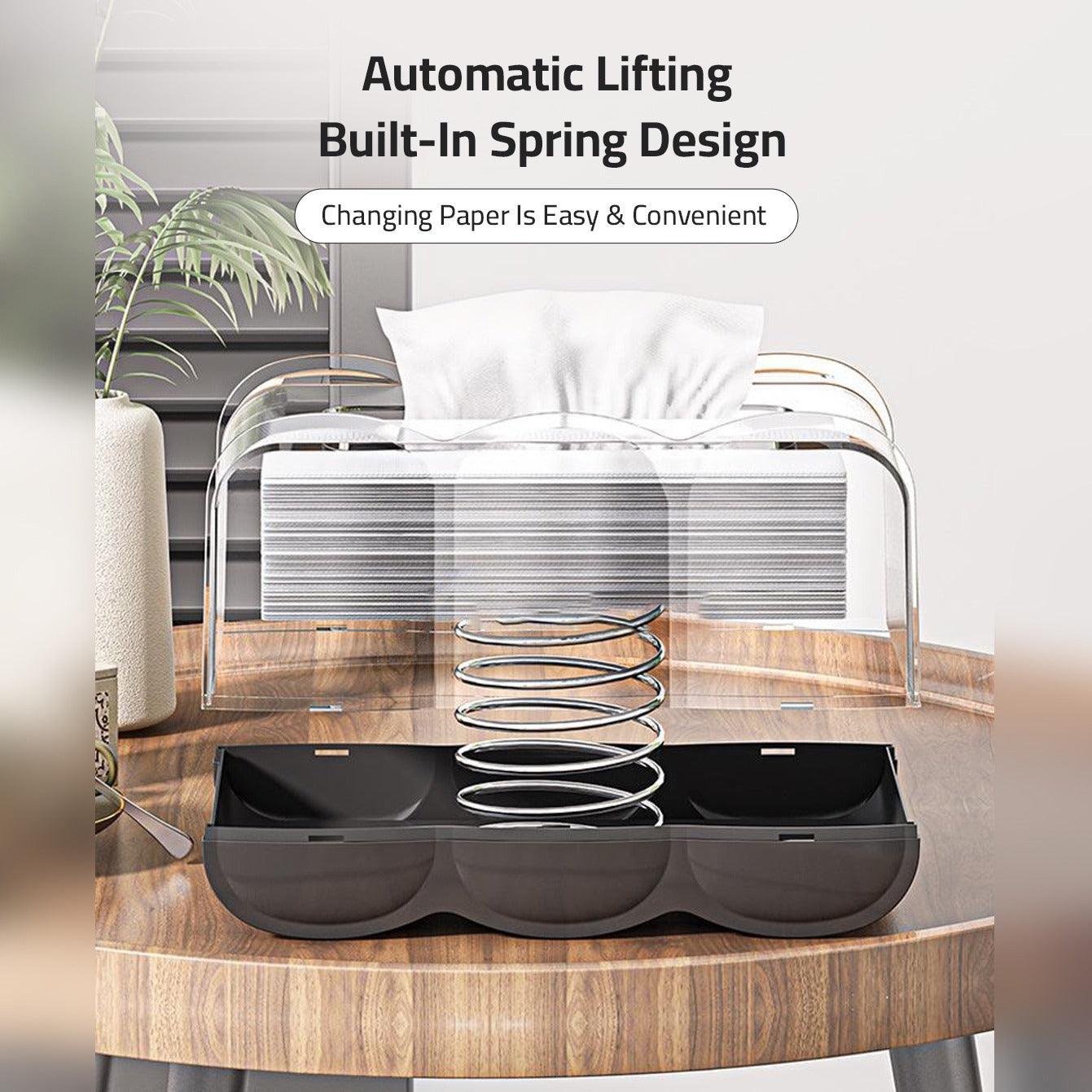 Automatic lifting mechanism powered by a built-in spring, ensuring easy access to tissues. The holder is stylishly placed on a wooden table.