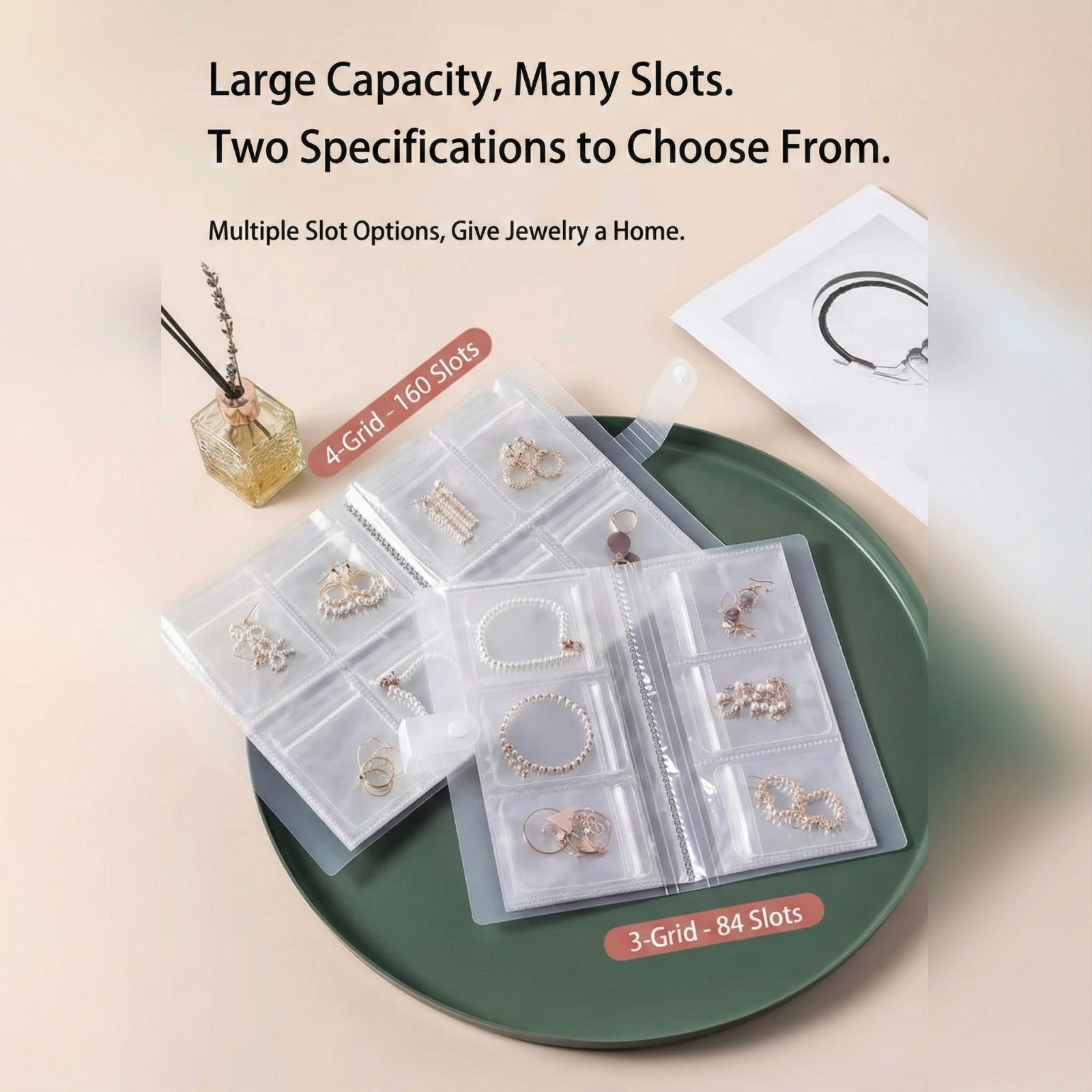 A transparent jewelry storage book with multiple clear pocket sleeves displaying neatly organized earrings, bracelets, and rings.