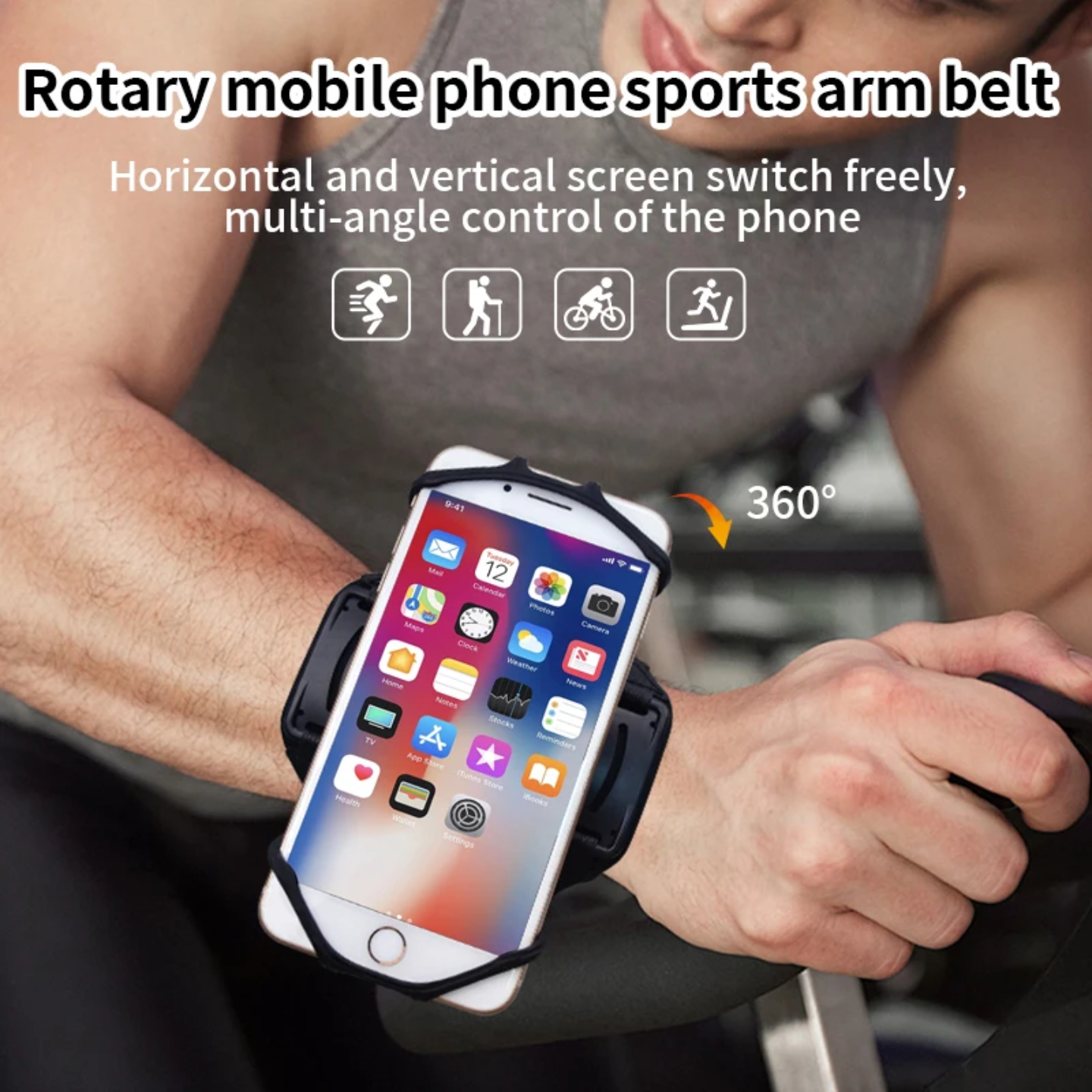A person is wearing a sports armband phone holder on their upper arm and a phone is attached on it.