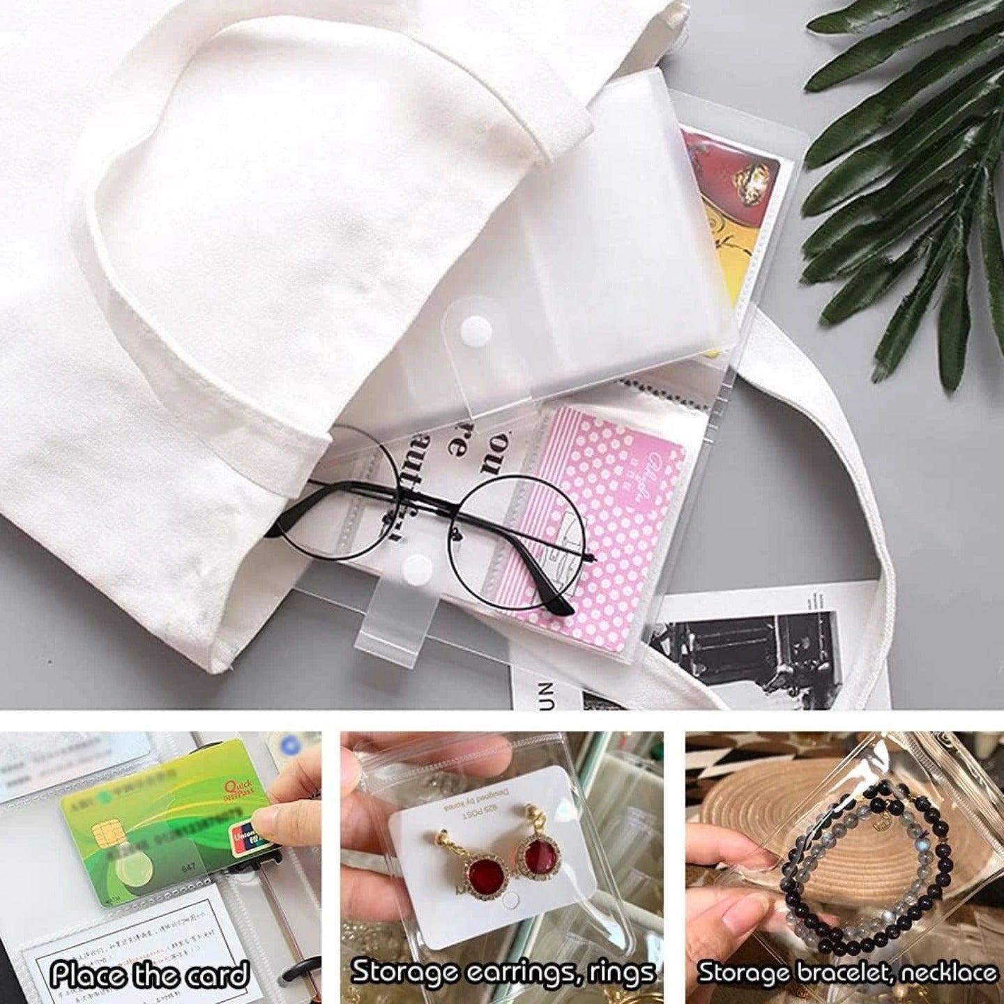 Multiple storage option of a transparent jewelry storage book with multiple clear pocket sleeves.