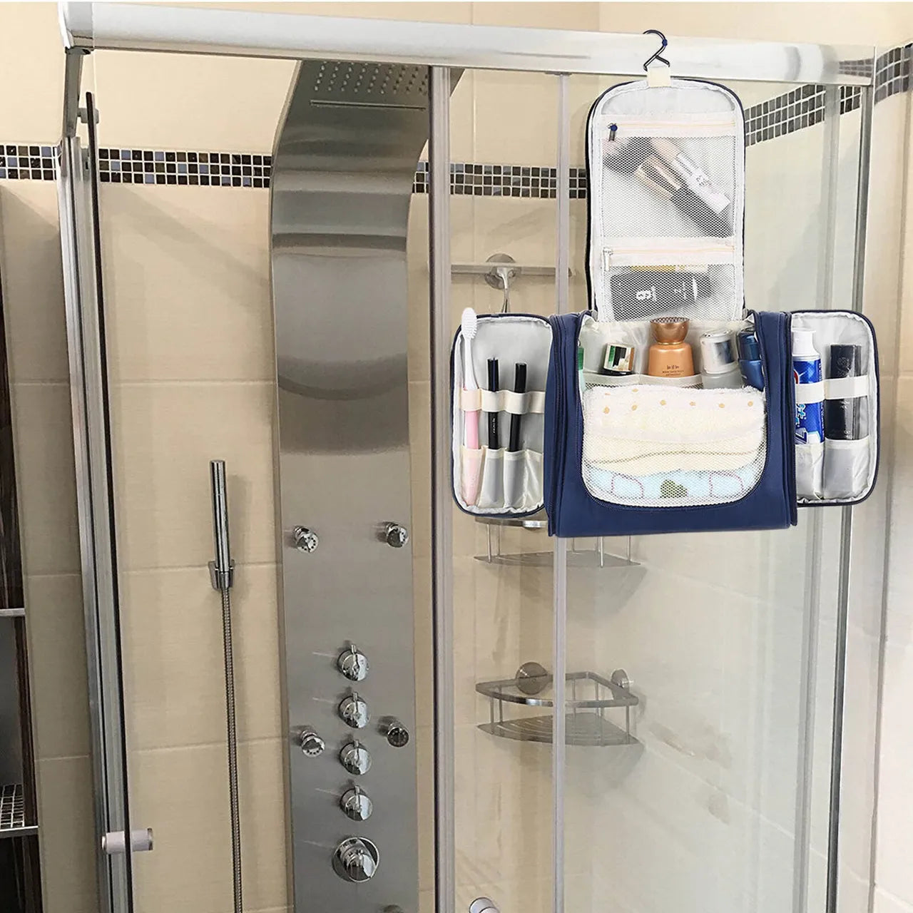 Travel Toiletry Wash Cosmetic Bag Makeup Storage Case hanging on the bathroom