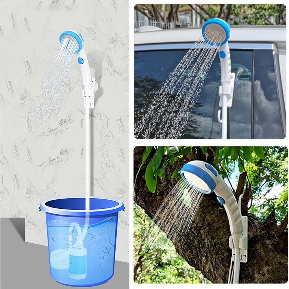 Image displaying Portable Outdoor Shower Set in use from 3 different places