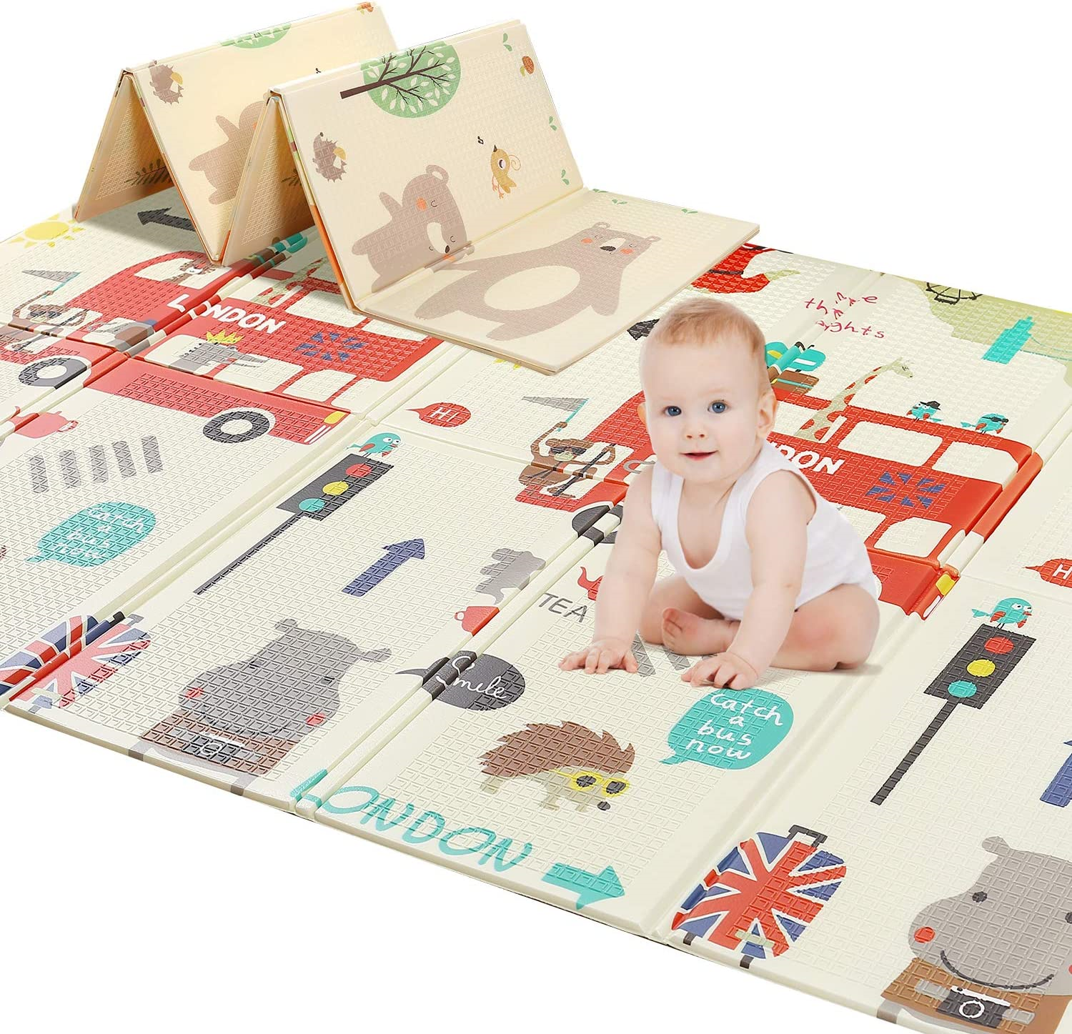Foldable Baby Play Mat,Reversible, Waterproof, Anti-Slip Floor Playing Mats  for Infants, Babies, Toddlers Indoor/Outdoor (Cute Bear Tall Foot+Animal