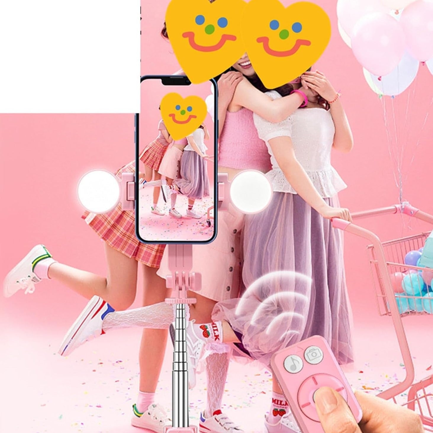 3 girls clicking picture using Bluetooth Selfie Stick Gimbal