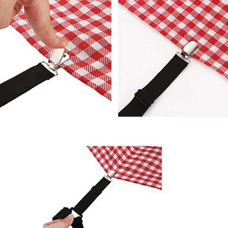 Triangle Elastic Suspenders with Gripper Clips for Bedsheets, Mattresses is clipped on bedsheet