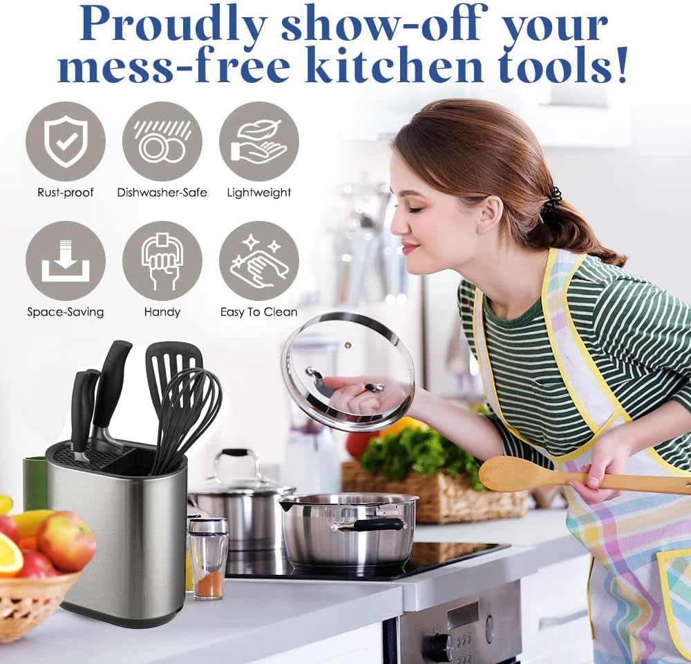 A stainless steel sink storage rack is displayed on a kitchen countertop, neatly holding various utensils like knives, spatulas, and whisks. Beside it, a woman is cooking, holding a pot lid and wooden spoon, showcasing an organized, clutter-free kitchen.