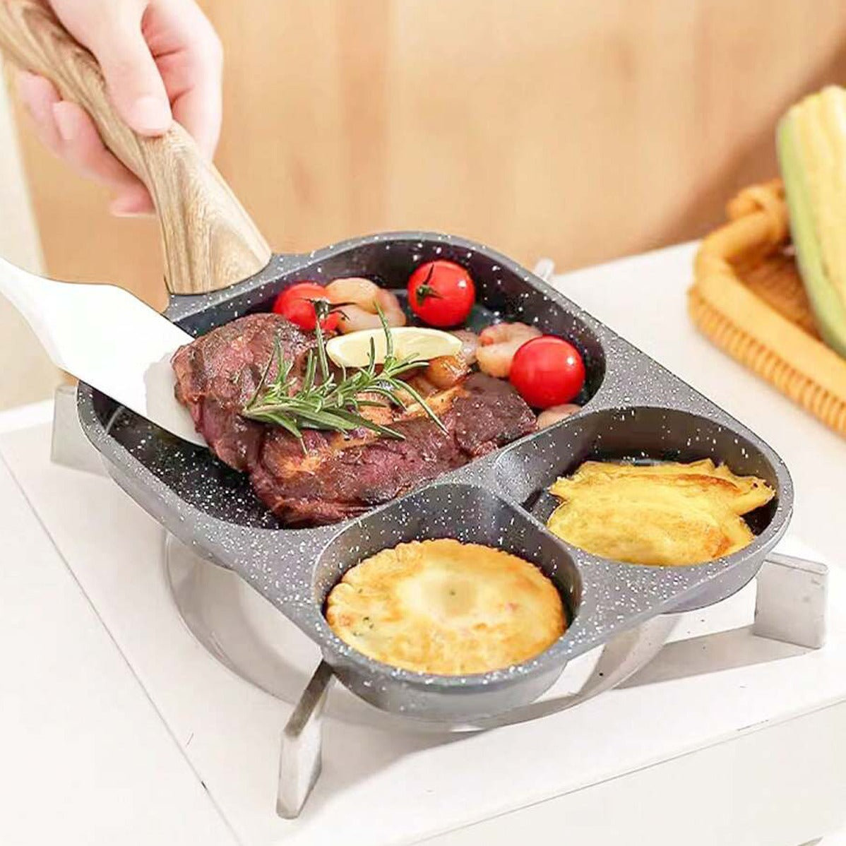 lady cooking eggs and steak in egg pan