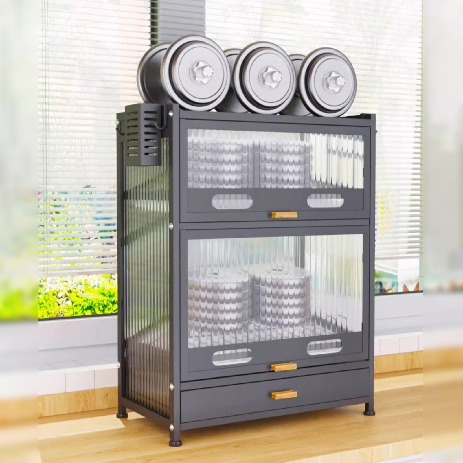 Kitchen Storage Rack Cabinet - Countertop Cutlery and Dish Organizer with Drawer for Utensils, and Cookware