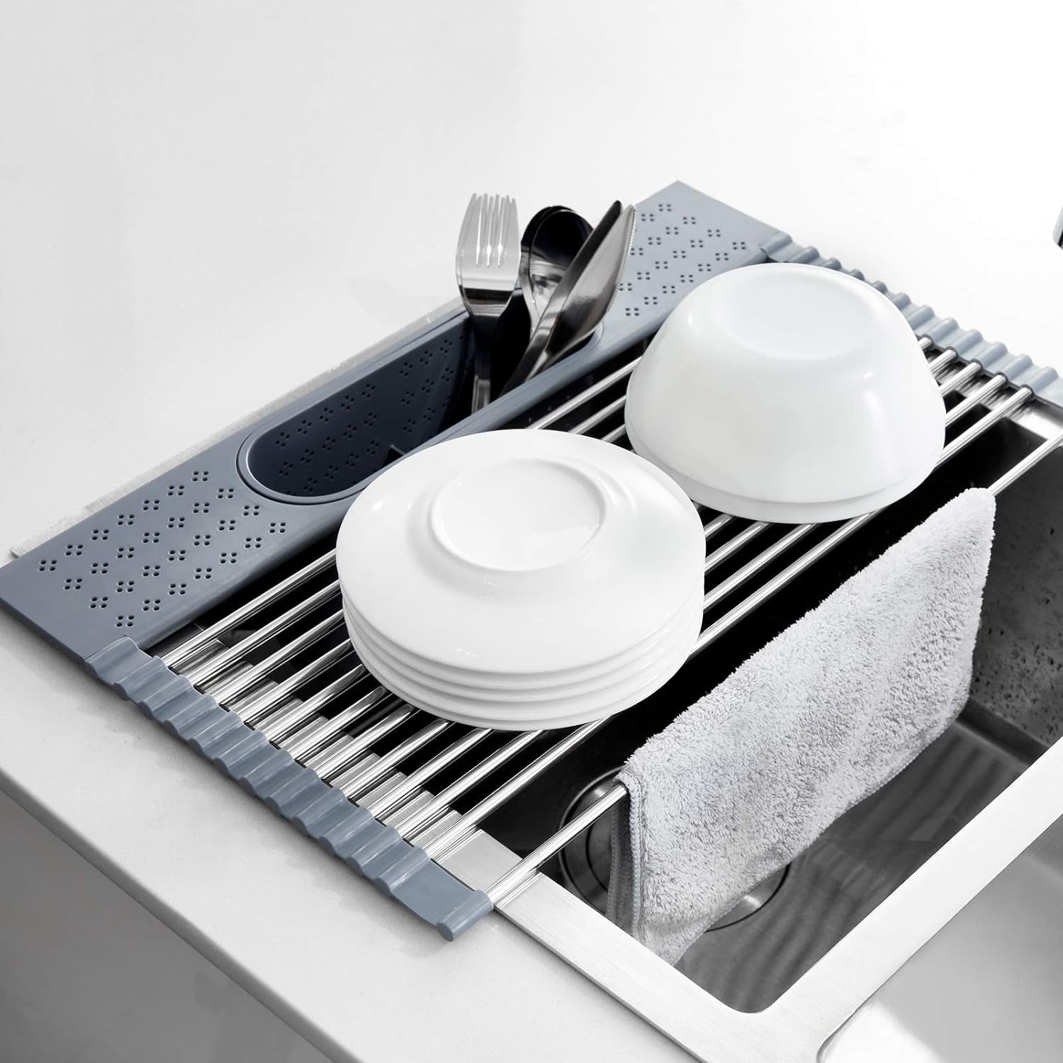 Dish Drainer with Utensils.