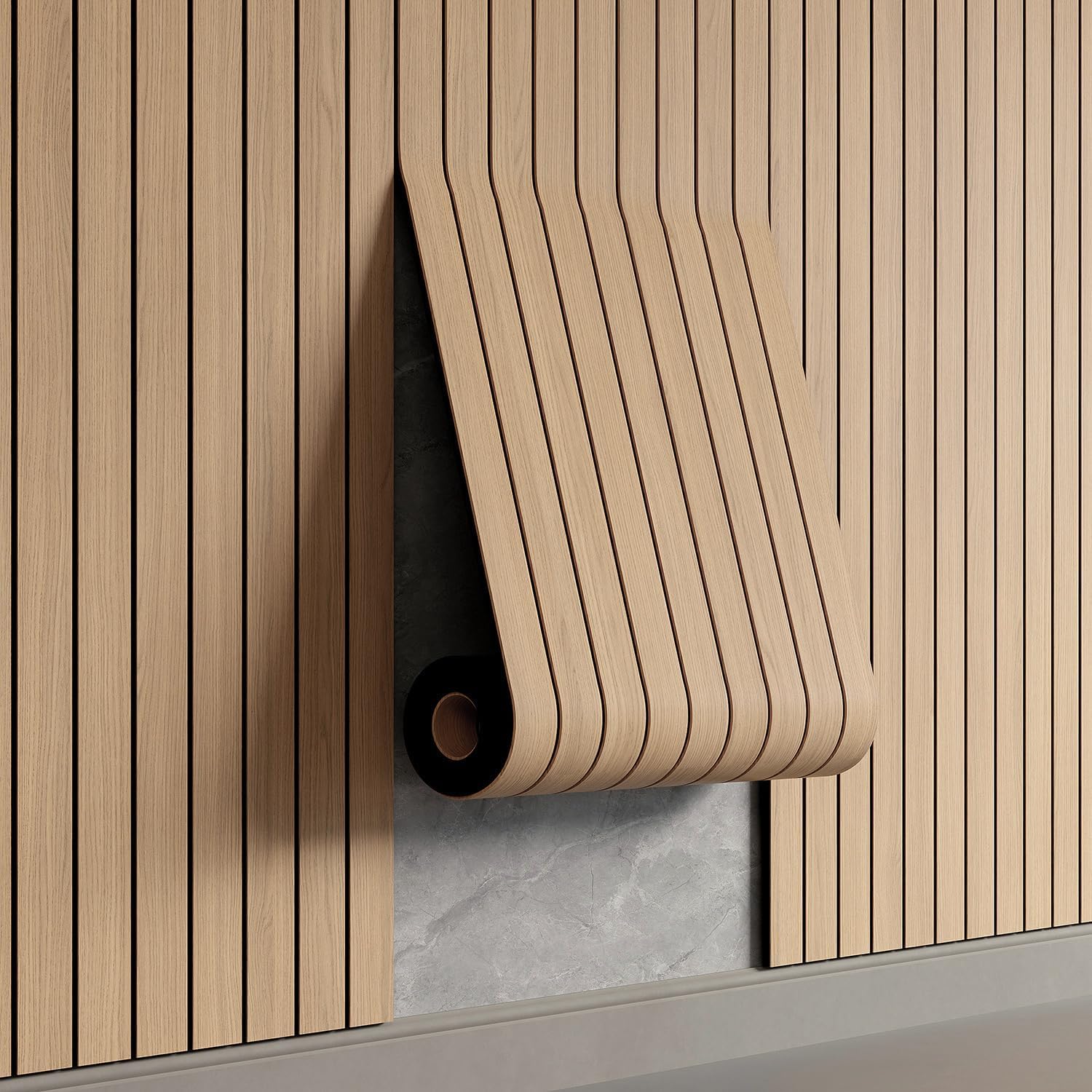 The image shows a modern interior wall featuring vertical 3D decorative panels.