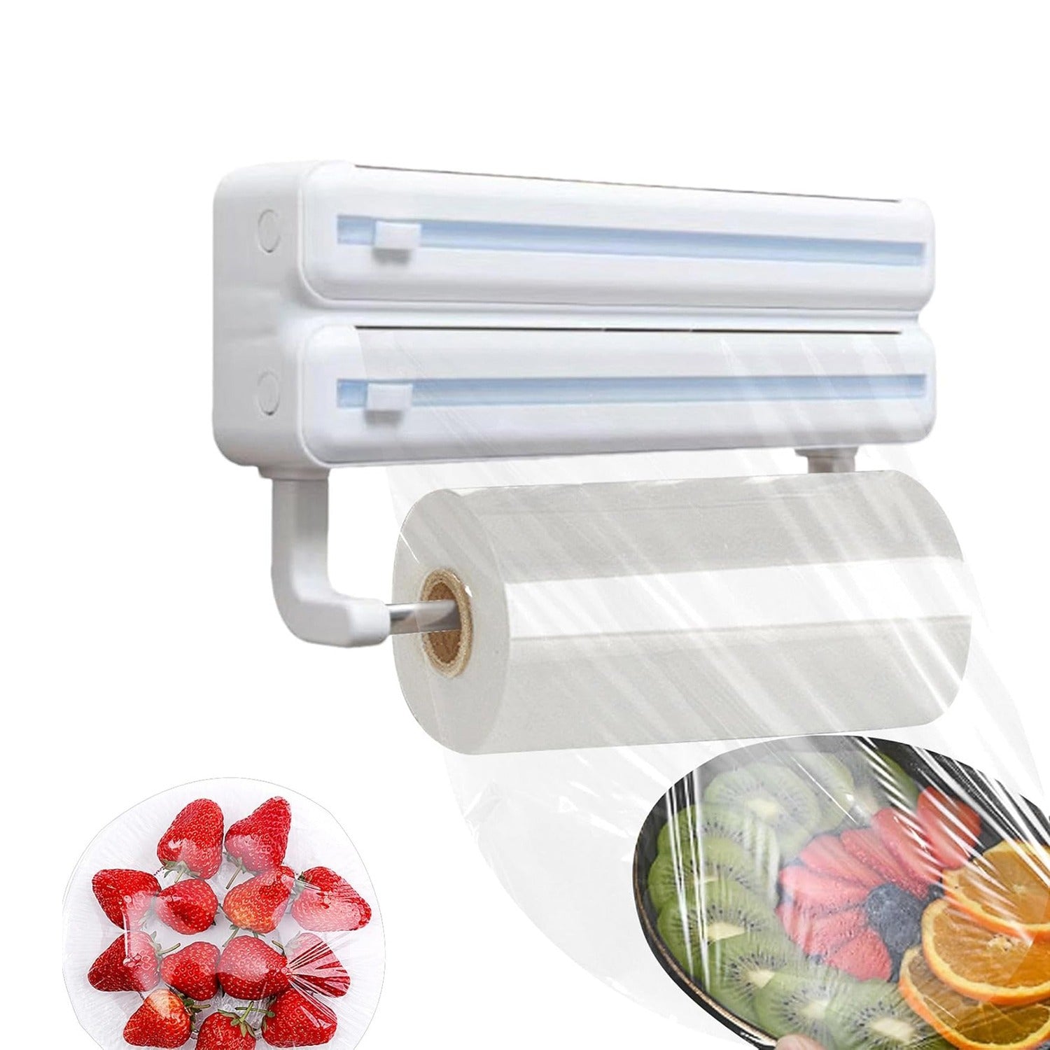 A wall-mounted triple paper dispenser with built-in cutters for cling film and foil, plus a paper towel holder below. It shows cling film being pulled to cover a plate, highlighting easy food storage and kitchen organization.