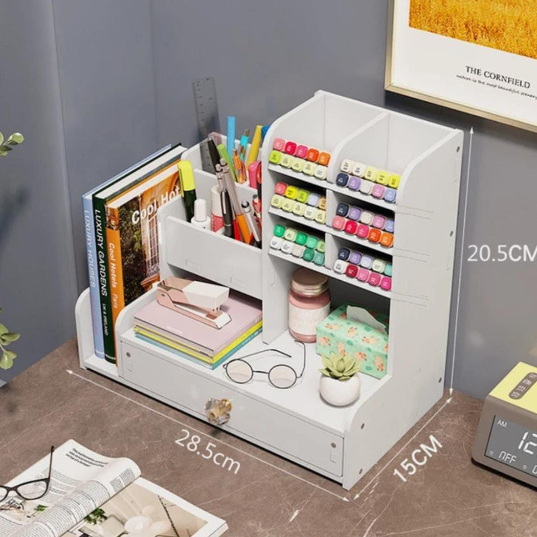 Size of a Wooden Stand Organizer Holding Pens and Books.