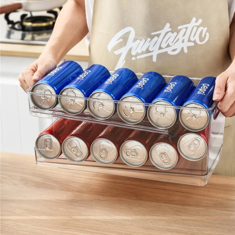 2-Tier Auto-Scrolling Refrigerator Drinks Can Bottle Organizer Bottle Holder for Fridge
