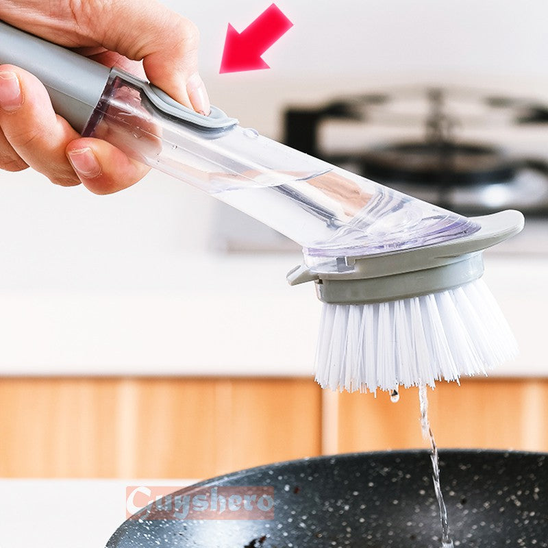 Someone pressing the switch of a Soap Dispensing Dish Brush
